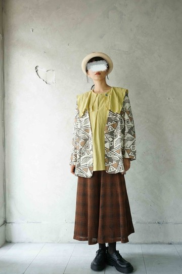 尋寶古著-日本製手繪風格幾何色塊印花無領開襟罩衫外套