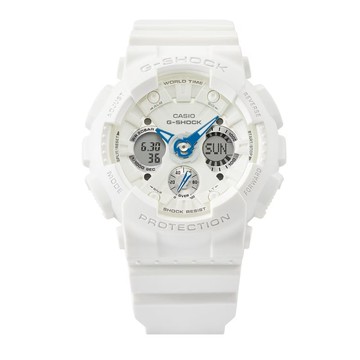 CASIO G-SHOCK 經典純白 亮藍點綴 搶眼奪目 雙顯系列 GMA-S120SA-7A2_45.9mm