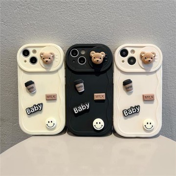 波浪推窗適用蘋果16PRO咖啡小熊情侶手機殼iPhoneXR/12全包防摔保護套