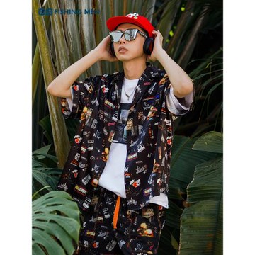 FISHING MEN夏季短袖襯衫男款寬松半袖印花潮牌潮流衣服薄款襯衣