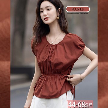 圓領純色壓褶雙繫帶泡泡袖上衣 M-2XL【885549X】【現+預】☆流行前線☆