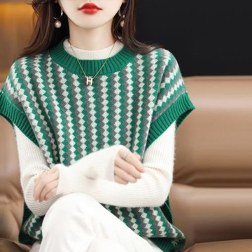 復古撞色格子圓領針織馬甲背心秋冬季新款坎肩外穿圓領套頭上衣女