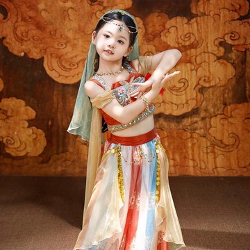敦煌飛天漢服西域公主女童異域風情樂鼓服裝兒童古典舞蹈服演出服[萌寶童裝]可開發票