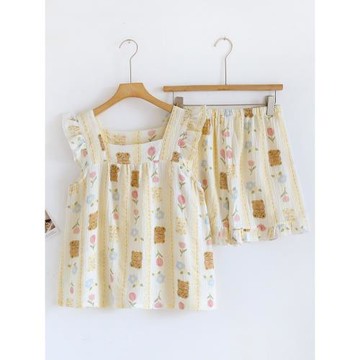 荷葉袖卡通小熊睡衣女夏季純棉紗布吊帶短褲方領薄款家居服套裝