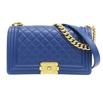 【二手名牌BRAND OFF】CHANEL 香奈兒 藍色 羊皮 BOY 25 鍊帶 肩背包 金扣