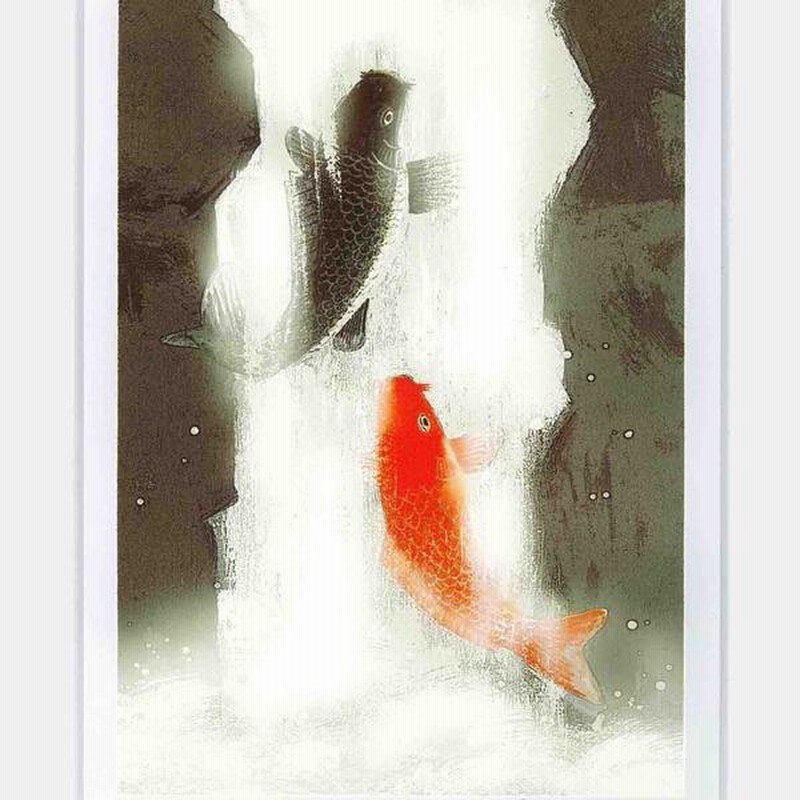大衣サイズ/564×448×20mm〕 吉岡浩太郎 「夫婦滝昇り鯉」 壁掛けひも付き 化粧箱入り 日本製-