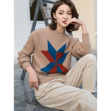 2019秋冬新款學院風加厚打底毛衣女圖案短款圓領針織衫套頭羊毛衫