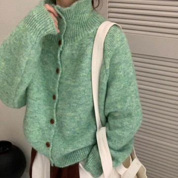 外套女 秋冬外套 保暖外套 女生外套韓系復古立領高領毛衣外套女秋冬軟糯糯上衣外穿寬鬆慵懶針織開衫927