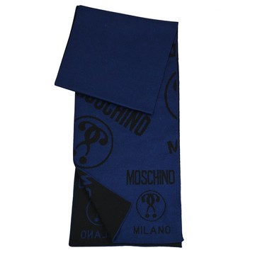 MOSCHINO 50055 M5145 品牌大LOGO混羊毛針織長圍巾.深藍/黑