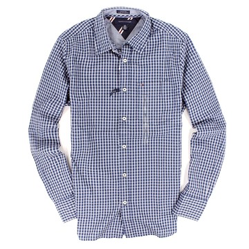 美國百分百【全新真品】Tommy Hilfiger 襯衫 TH 長袖 上衣 藍 格紋 純棉 口袋 休閒 上班 男衣 XS號