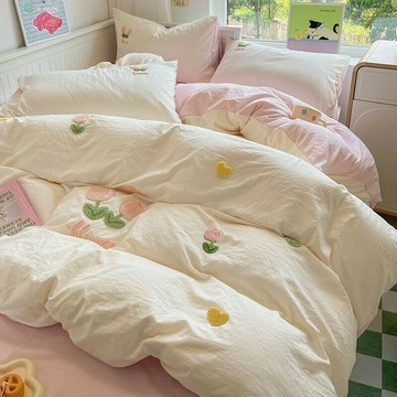韓係簡約小清新被套毛巾繡床單四件套 水洗棉床上三件套 被罩床品 親膚裸睡 被套枕頭套床罩 親膚水洗棉 雙人被套 單人被單