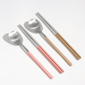 KIVOLI SUS 304 粉彩韓式雙人湯筷組 粉色+摩卡色  1組  湯匙 2支+筷子 2雙  粉紅色+摩卡棕