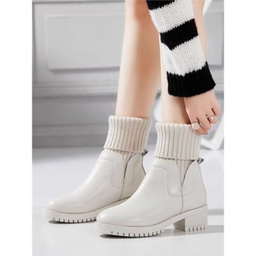 英倫毛線短靴厚底女馬丁靴潮2023秋冬新款粗跟彈力真皮復古瘦瘦靴