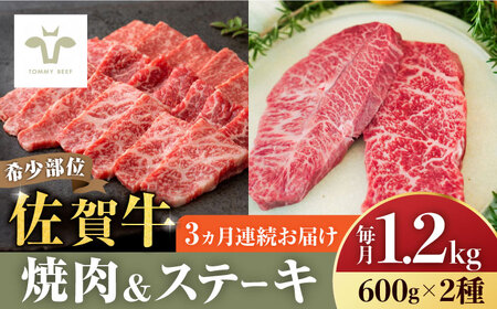 ＜牧場直送＞焼肉とステーキセット！佐賀牛希少部位焼肉600gと赤身ステーキ600g 計3.6kg（600g×2種×3回） 佐賀県 有限会社佐賀セントラル牧場[41ASAA046]