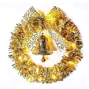 摩達客 14吋璀璨金運系金蔥彎絲聖誕花圈+20燈LED暖白光燈串 本島免運費