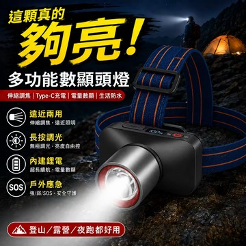 台灣現貨✨多功能數顯伸縮頭燈｜Type-C充電 電量顯示 聚光泛光切換 無極調光 上下調節 露營釣魚夜跑照明