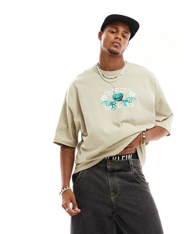 ASOS Crooked Tongues oversized premium t-shirt in brown with front frog print-Grey