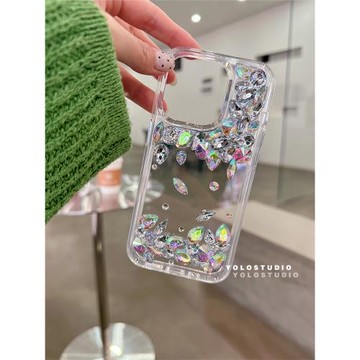 YOLO原創 夏日ins風簡約輕奢幻彩琉璃帶鉆仙女手機殼適用iPhone16Promax14Pro/13寶石水鉆透明軟邊15保護套12