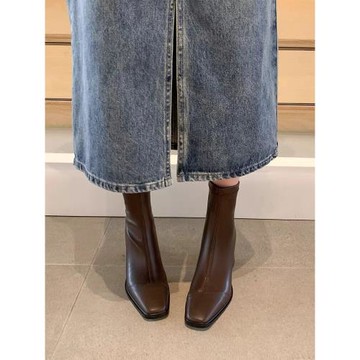 香港法式復古瘦瘦靴女馬丁靴春秋氣質方頭高跟鞋短靴粗跟彈力單靴