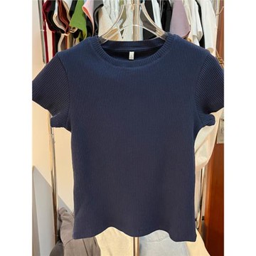 歐貨美式復古圓領正肩短袖T恤女新款修身顯瘦小個子通勤女裝上衣