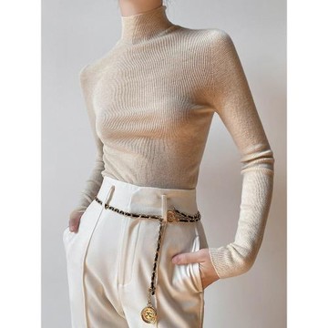 萬大奕島精無縫18針可機洗抗起球半高領羊絨打底衫女內搭修身針織