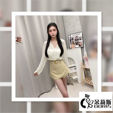 【Doris朵莉斯服飾】(現貨當天出)#540微甜高級通勤穿搭 米色打底假口袋襯衣+高腰側拉鍊褲裙+高級皮帶SET 套裝