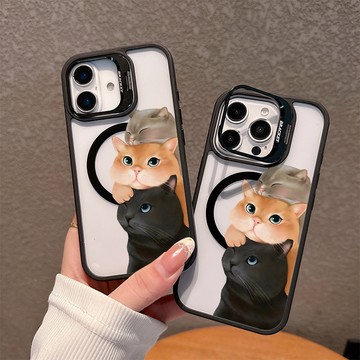 疊疊樂貓咪 適用iPhone17ProMax/16/15/14/13/12/11 隱形鏡頭支架蘋果磁吸防摔硬殼 送鏡頭貼