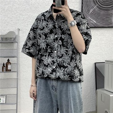 痞帥襯衫男ins港風嘻哈短袖潮流夏季薄款中袖冰絲沙灘花襯衣外套