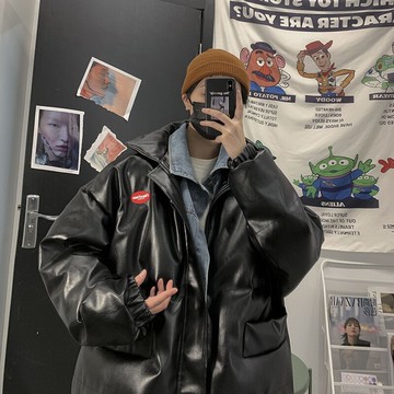 棉衣男冬季加厚潮牌ins假兩件pu皮棉服外套韓版寬松帥氣潮流棉襖