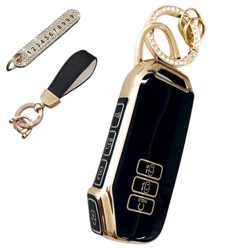 AB 相容汽車高級TPU鑰匙套 + 號碼鑰匙圈 + 皮革掛繩  AK-06  深黑色