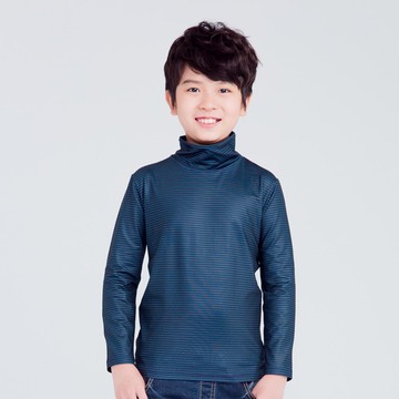 MIT 細條紋溫灸刷毛高領發熱衣(綠藍 童80-150)