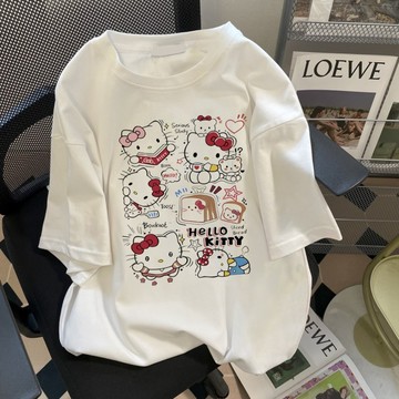 日係可愛短袖女國中生寬鬆慵懶風夏季洋氣減齡女生上衣 印花寬鬆情侶短袖T 上衣女 美式t  韓版T 大學T