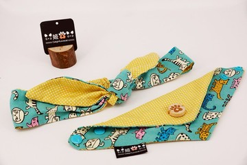 主僕放閃-貓咪撞點點系列(水藍貓咪印花+鵝黃白點)