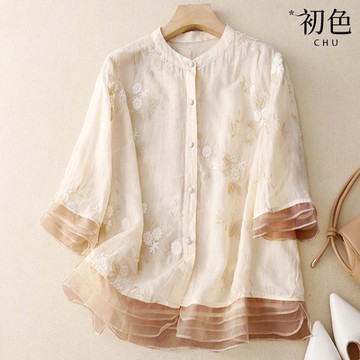 初色 圓領復古碎花刺繡棉麻風七分袖襯衫上衣-共4色-32945(M-2XL可選)