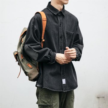 美式水洗做舊工裝牛仔襯衫男長袖休閑襯衣春秋復古潮流男士外套潮