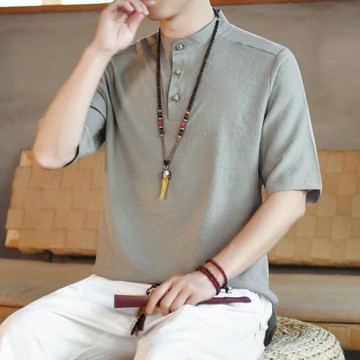 冰絲短袖t恤男夏季薄款純色上衣中國風男裝中式復古唐裝半袖體恤