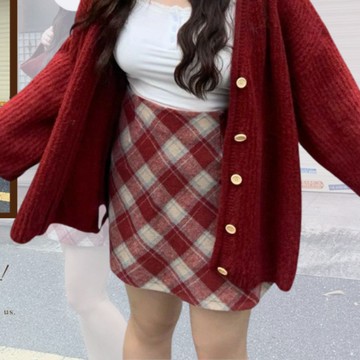 S-4XL 大尺碼短裙女 韓系chic風格紋高腰半身裙大碼女裝胖妹妹修身A字包臀裙