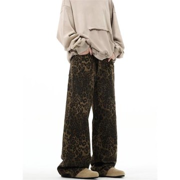 (免運)MADWITCH原創新款美式復古豹紋牛仔褲直筒寬松男vintage休閑褲子