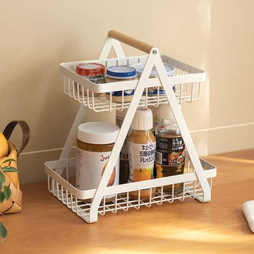 白色帶提手雙層調料提籃便攜置物架廚房多功能收納籃家用臺面架子