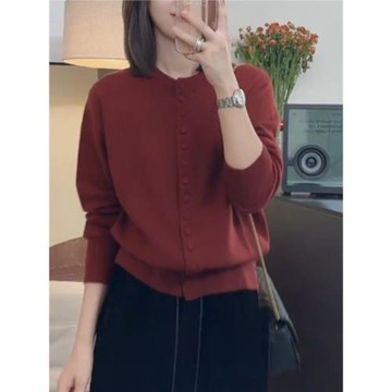 安可拉紅圓領長袖針織開衫女秋季新款高級感洋氣獨特大碼胖MM上衣
