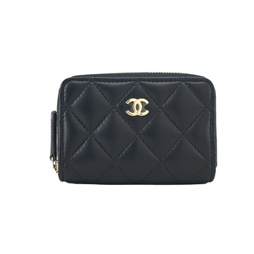 CHANEL 經典雙C LOGO菱格紋小羊皮拉鍊零錢包(黑色)