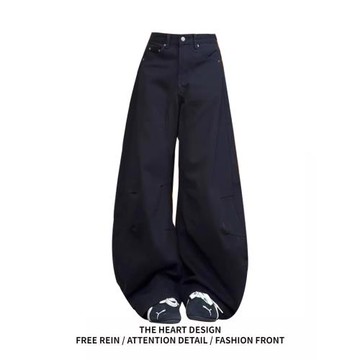 美式復古高街解構褶皺黑色牛仔褲女夏寬松廓形闊腿彎刀垂感拖地褲