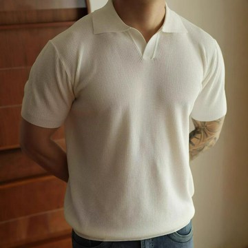 夏季美式復古純色針織Polo衫男 百搭寬松翻領波浪紋套頭短袖T恤衫鑫弘-衣錦男裝