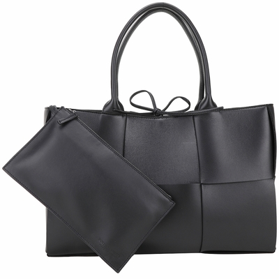 BV Bottega Arco 中款 寬編織小羊皮手提托特包(附萬用包/黑色)