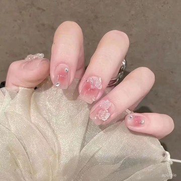 純手工美甲成品ins極光蝴蝶結山茶花溫柔腮紅短款美甲穿戴甲 XG9K