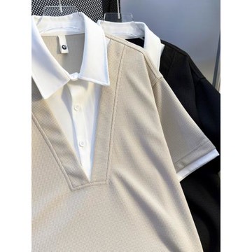 假兩件設計感t恤男夏季潮牌撞色襯衣領POLO衫短袖輕熟風男裝上衣