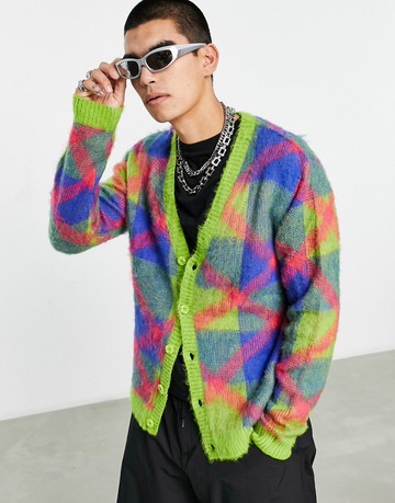 ASOS DESIGN fluffy cardigan in bright check-Multi