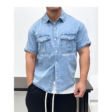 水洗做舊暗扣牛仔襯衫!時髦簡約短袖襯衣修身夏街頭寬松復古ins棉