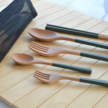 ??現貨附發票??仙德曼 露營原木餐具組 2套入 附收納網袋 WG002 露營筷匙組 環保餐具組 原木餐具 原木筷 原木匙 水果叉 兒童餐具 兒童匙 兒童筷子 兒童叉子 露營餐具組 原木叉子 甜點叉