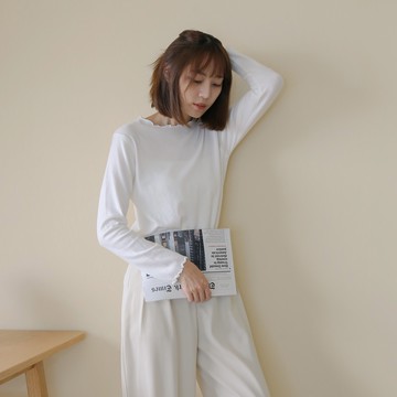 【Our Studio】圓領百搭木耳捲邊長袖上衣 黑色 白色 杏色 燕麥色 咖啡色(現貨)